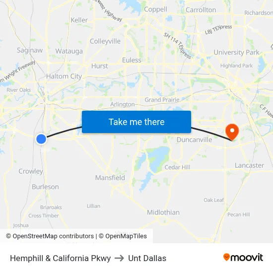 Hemphill & California Pkwy to Unt Dallas map