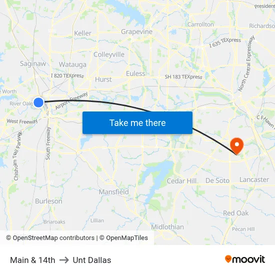 Main & 14th to Unt Dallas map