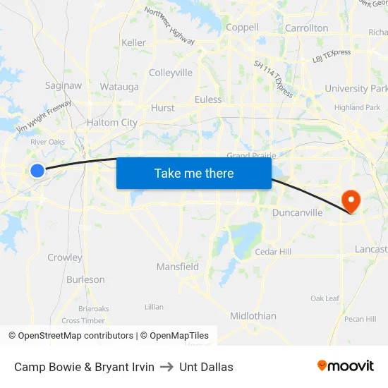 Camp Bowie & Bryant Irvin to Unt Dallas map