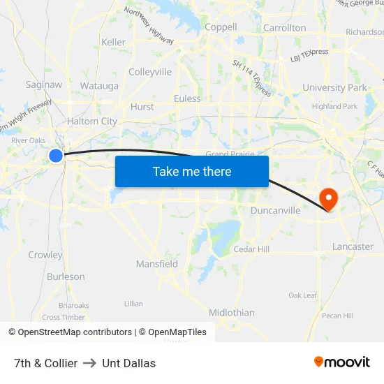 7th & Collier to Unt Dallas map