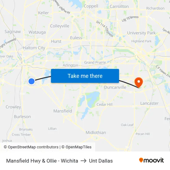 Mansfield Hwy & Ollie - Wichita to Unt Dallas map