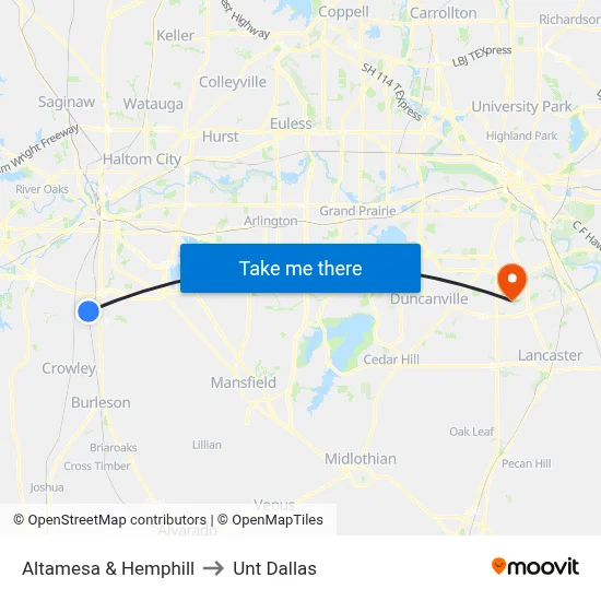 Altamesa & Hemphill to Unt Dallas map