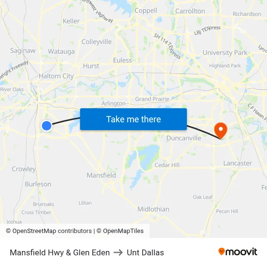 Mansfield Hwy & Glen Eden to Unt Dallas map