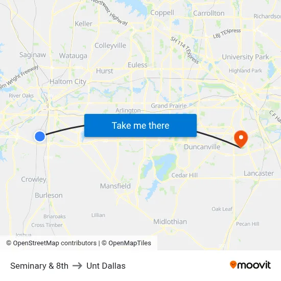 Seminary & 8th to Unt Dallas map