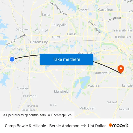 Camp Bowie & Hilldale - Bernie Anderson to Unt Dallas map