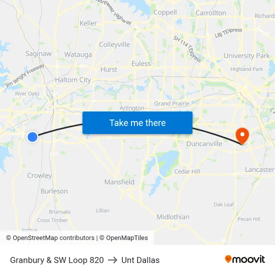 Granbury & SW Loop 820 to Unt Dallas map