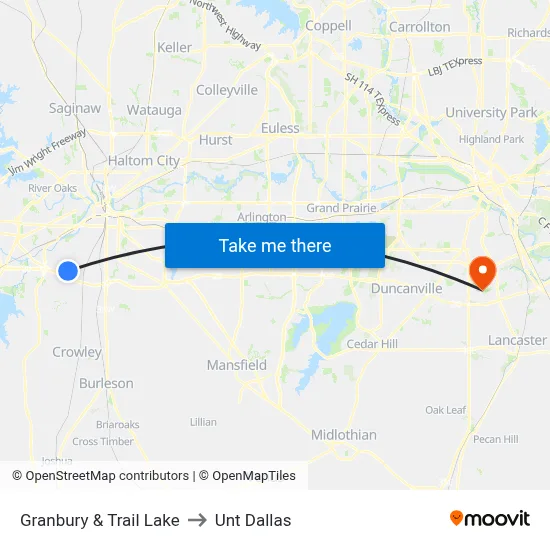 Granbury & Trail Lake to Unt Dallas map