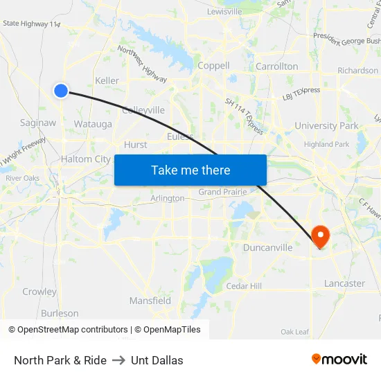 North Park & Ride to Unt Dallas map