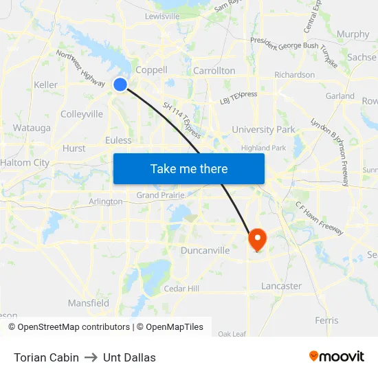 Torian Cabin to Unt Dallas map