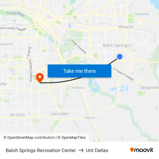 Balch Springs Recreation Center to Unt Dallas map