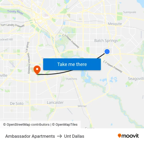 Ambassador Apartments to Unt Dallas map