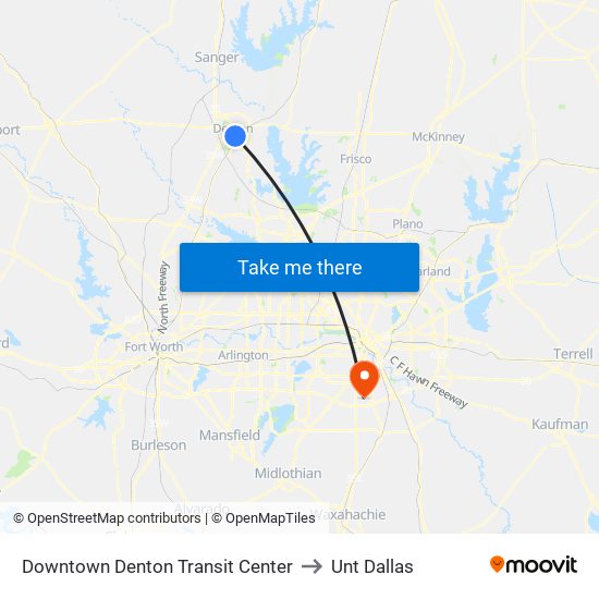 Downtown Denton Transit Center to Unt Dallas map