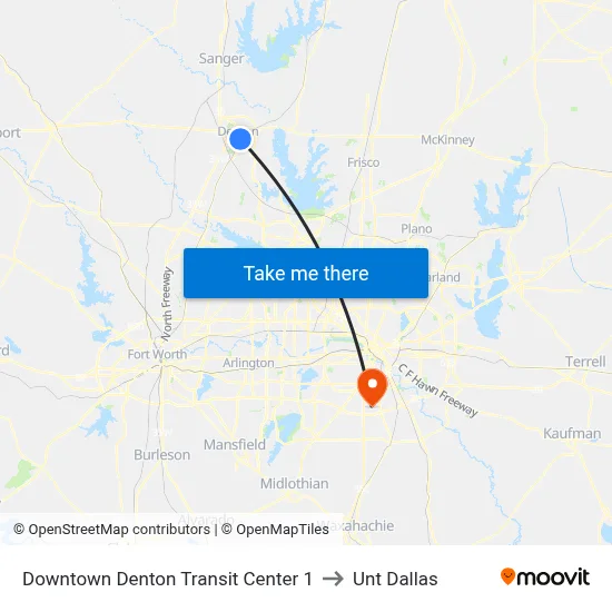 Downtown Denton Transit Center 1 to Unt Dallas map
