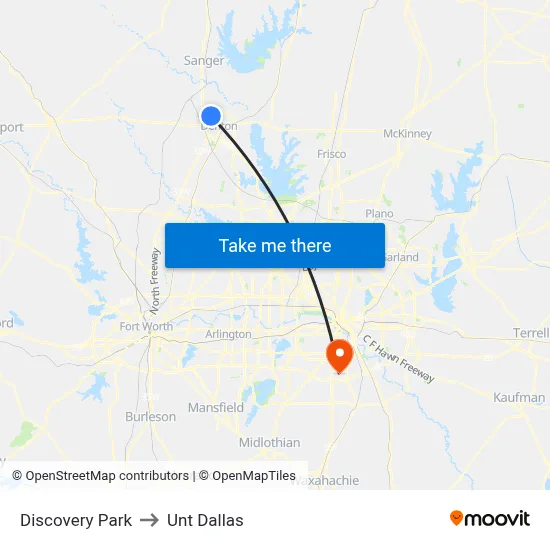 Discovery Park to Unt Dallas map