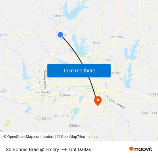 Sb Bonnie Brae @ Emery to Unt Dallas map