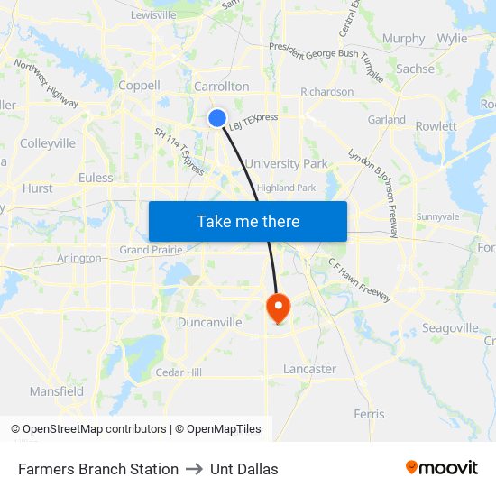 Farmers Branch Station to Unt Dallas map