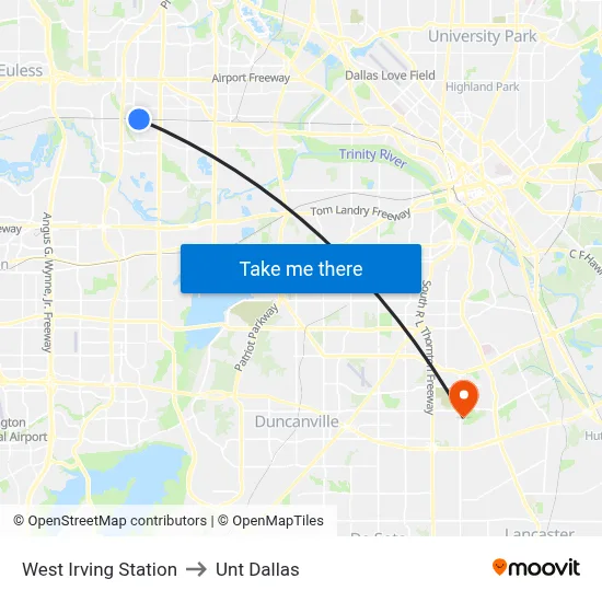 West Irving Station to Unt Dallas map
