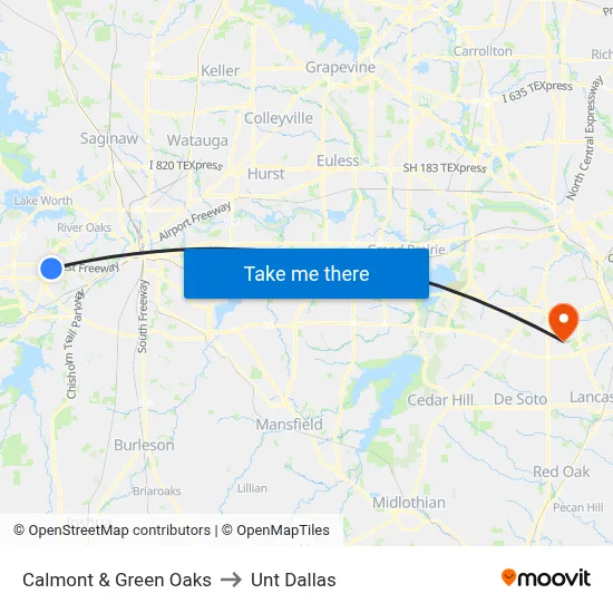 Calmont & Green Oaks to Unt Dallas map