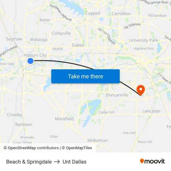 Beach & Springdale to Unt Dallas map