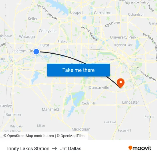 Trinity Lakes Station to Unt Dallas map