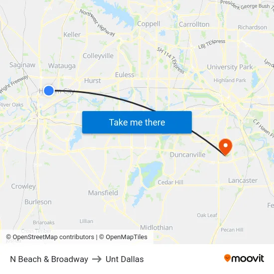 N Beach & Broadway to Unt Dallas map