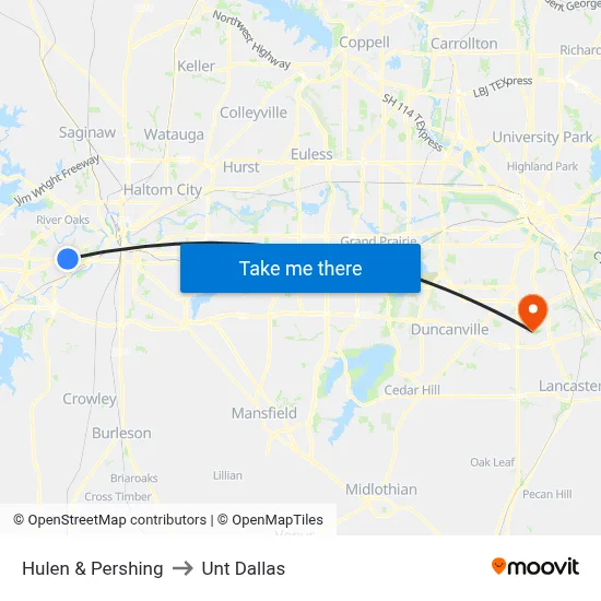 Hulen & Pershing to Unt Dallas map