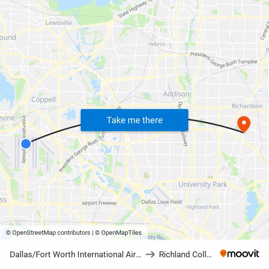 Dallas/Fort Worth International Airport to Richland College map