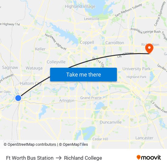 Ft Worth Bus Station to Richland College map