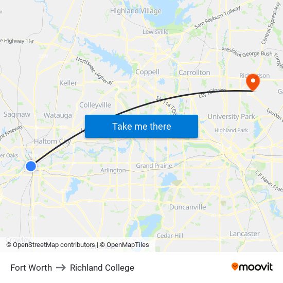 Fort Worth to Richland College map