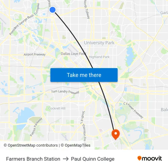 Farmers Branch Station to Paul Quinn College map