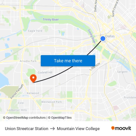 Union Streetcar Station to Mountain View College map