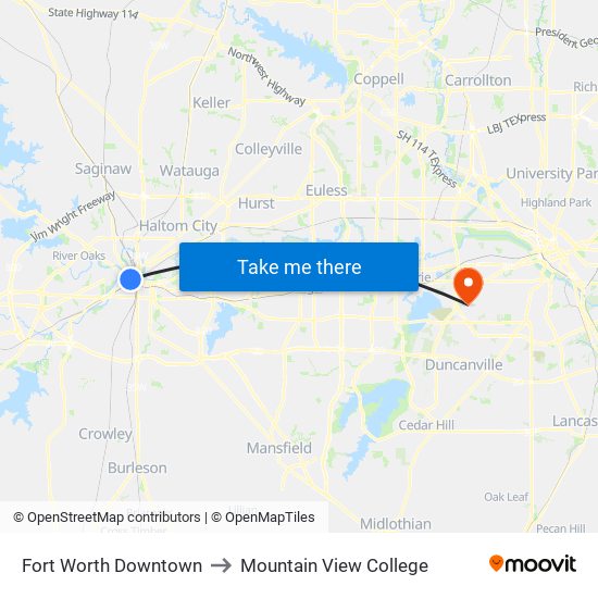 Fort Worth Downtown to Mountain View College map