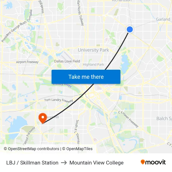 LBJ / Skillman Station to Mountain View College map