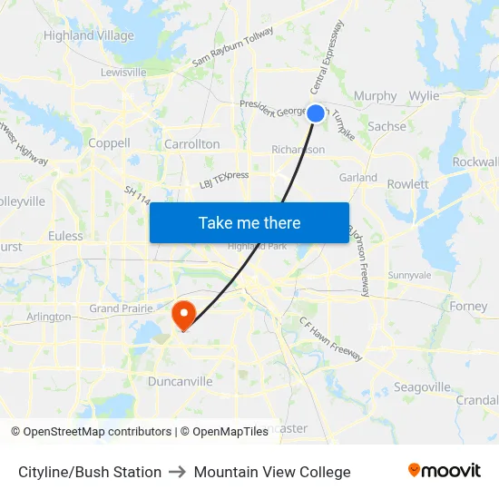 Cityline/Bush Station to Mountain View College map