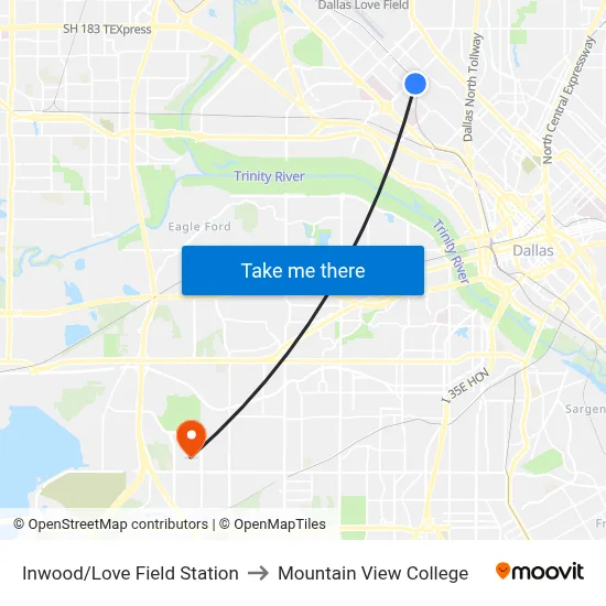 Inwood/Love Field Station to Mountain View College map