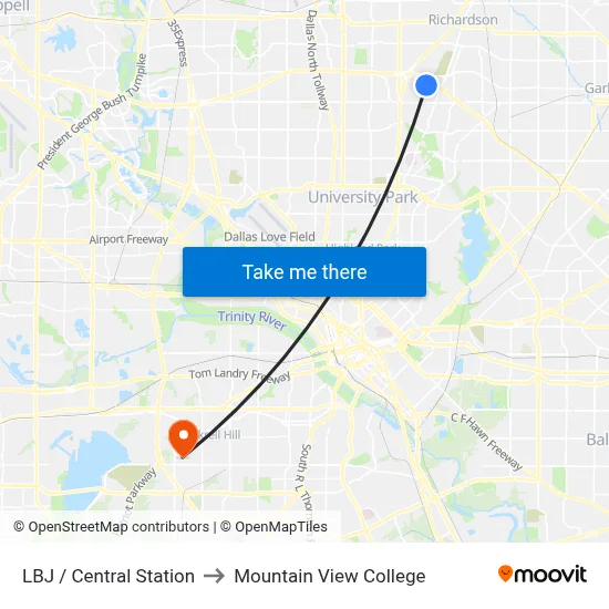 LBJ / Central Station to Mountain View College map