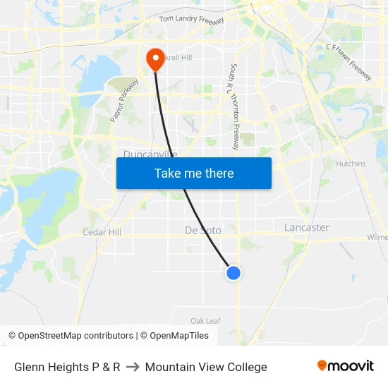 Glenn Heights P & R to Mountain View College map