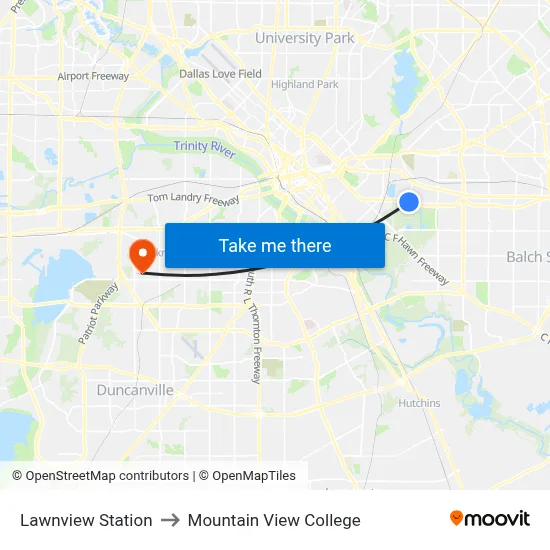 Lawnview Station to Mountain View College map