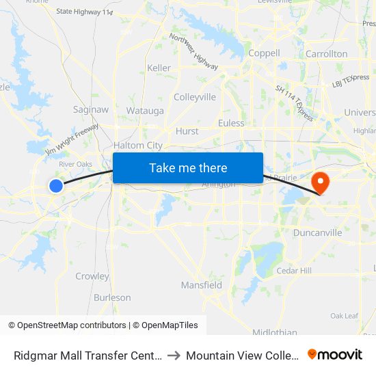 Ridgmar Mall Transfer Center to Mountain View College map