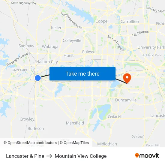 Lancaster & Pine to Mountain View College map