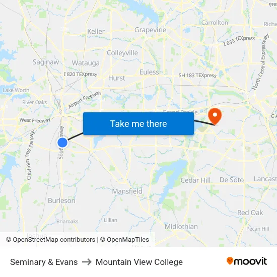 Seminary & Evans to Mountain View College map