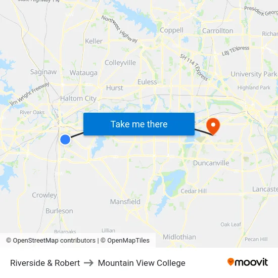 Riverside & Robert to Mountain View College map