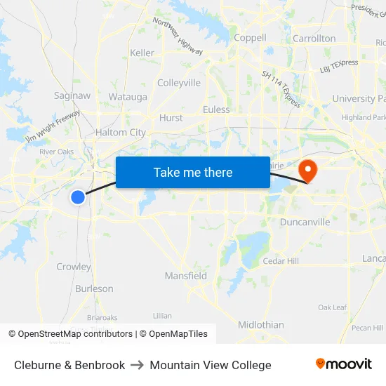 Cleburne & Benbrook to Mountain View College map