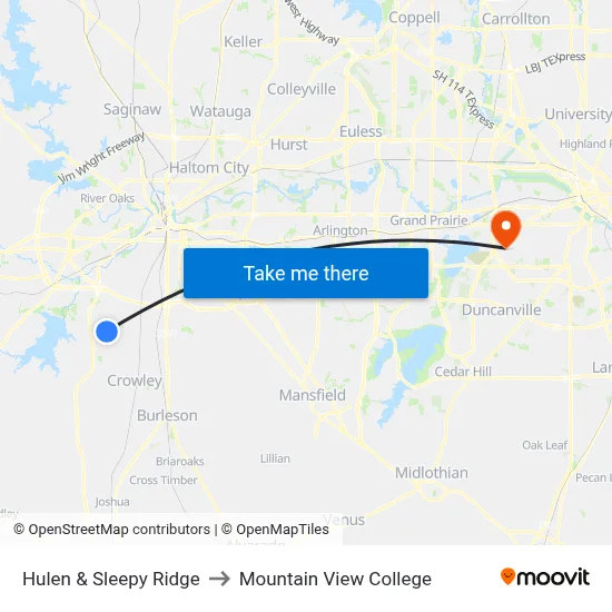 Hulen & Sleepy Ridge to Mountain View College map