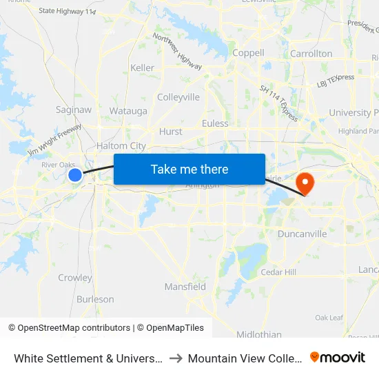 White Settlement & University to Mountain View College map