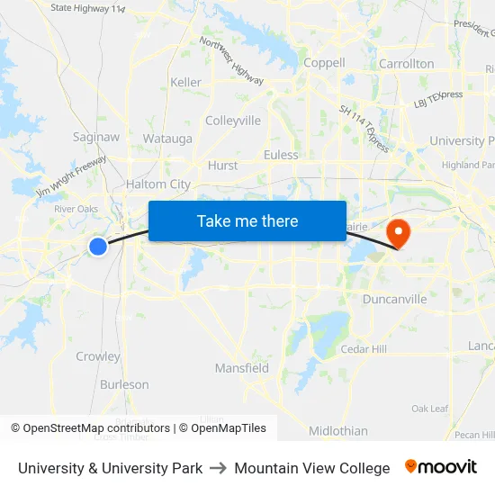 University & University Park to Mountain View College map