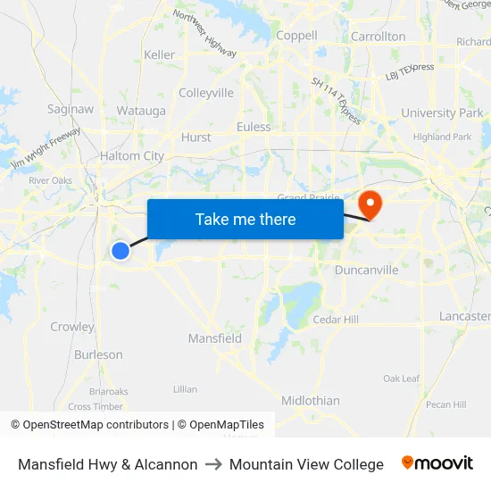 Mansfield Hwy & Alcannon to Mountain View College map