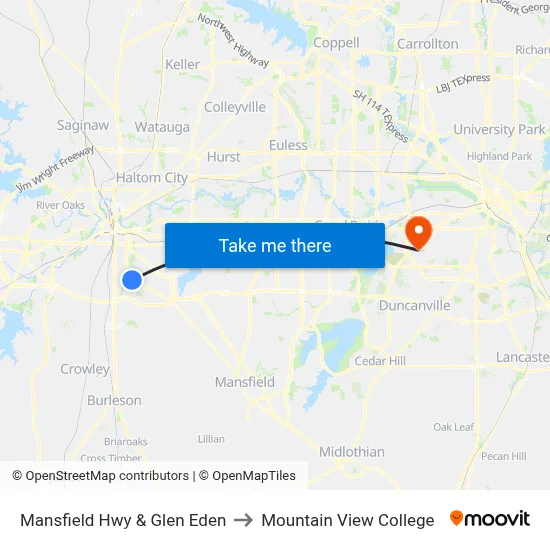 Mansfield Hwy & Glen Eden to Mountain View College map