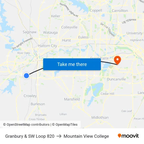 Granbury & SW Loop 820 to Mountain View College map