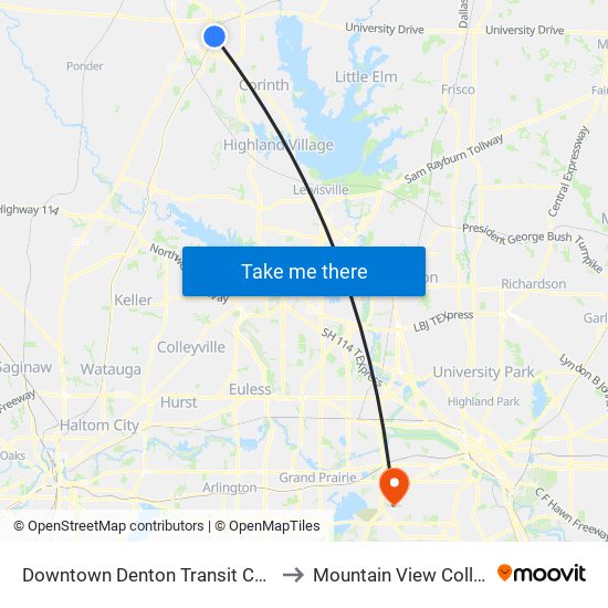 Downtown Denton Transit Center to Mountain View College map